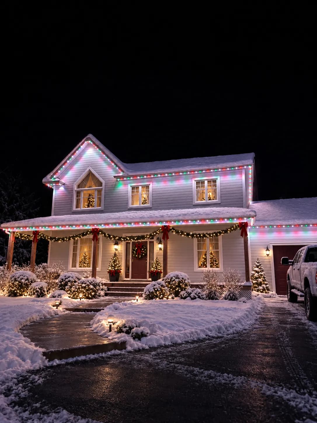 La même maison le soir, illuminée